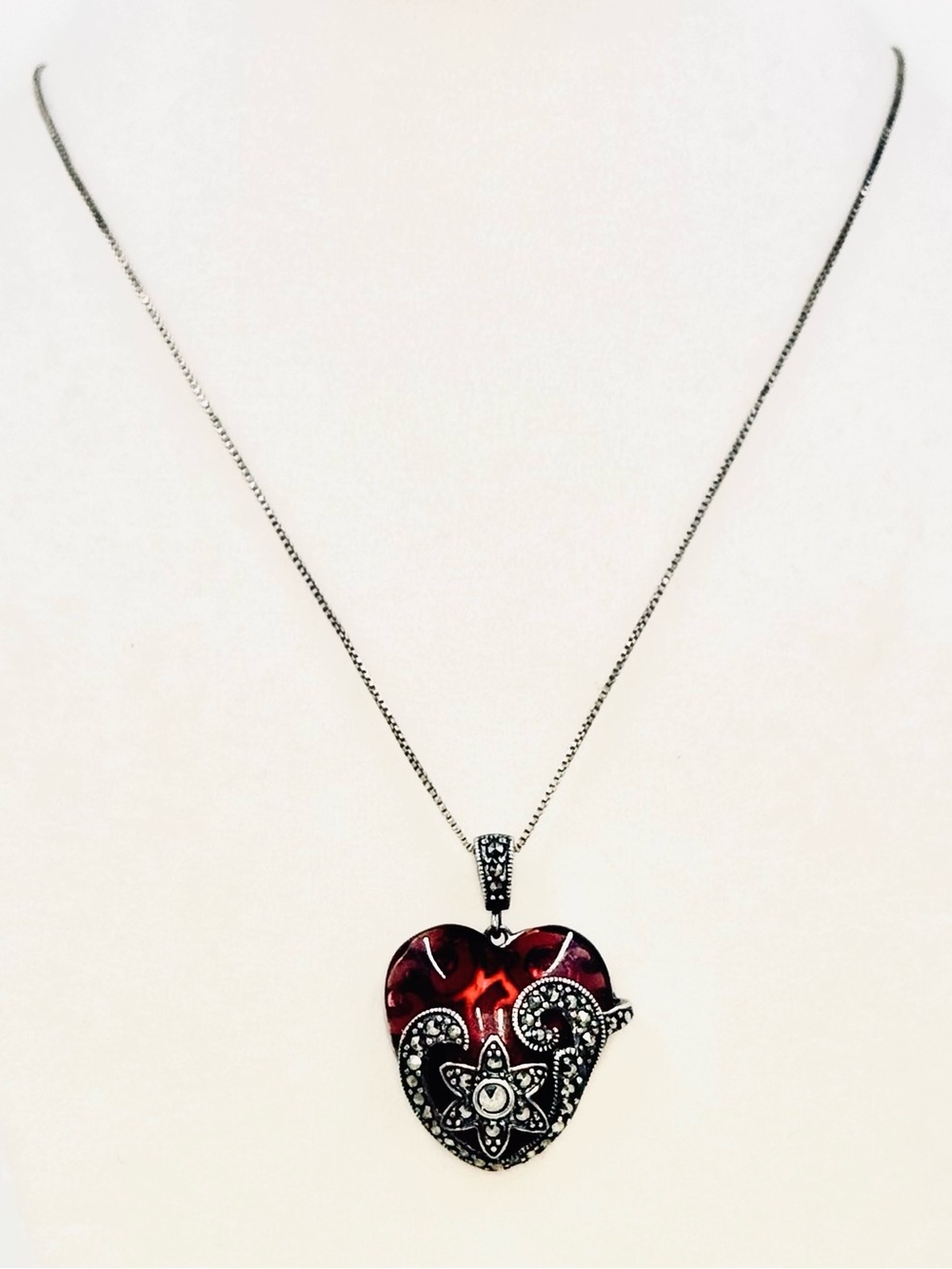 Vintage Sterling Silver & Marcasite Red Glass Heart Pendant Necklace W/18” Chain